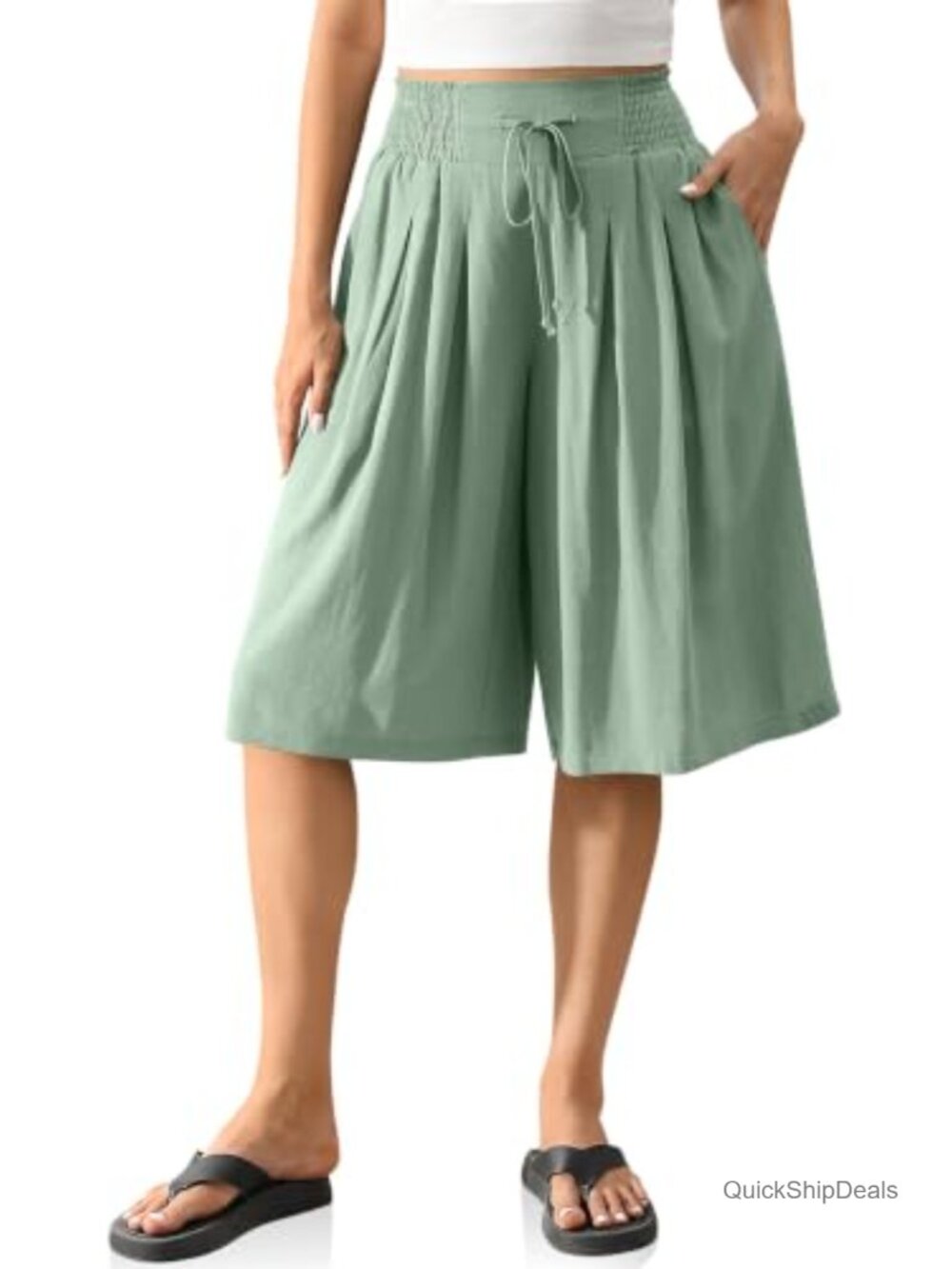 High Waist Pleated Wide Leg Linen Bermuda Shorts for Women